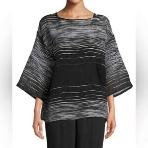 EILEEN FISHER Black Illusion Organic Linen Mesh BATEAU NECK TOP Sz S Great!